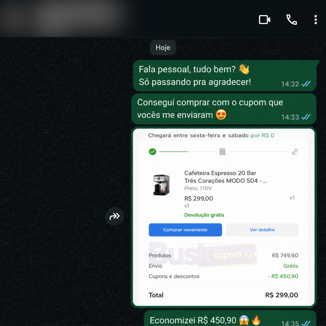 Conversa no WhatsApp de cliente que comprou Cafeteira Três Corações por R$ 299,00 com cupom da Buskcupom