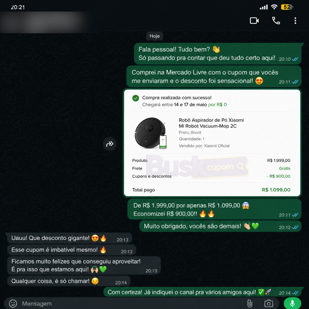 Conversa no WhatsApp de cliente que comprou Robô Aspirador Xiaomi no Mercado Livre por R$ 1.099,00 com cupom da Buskcupom