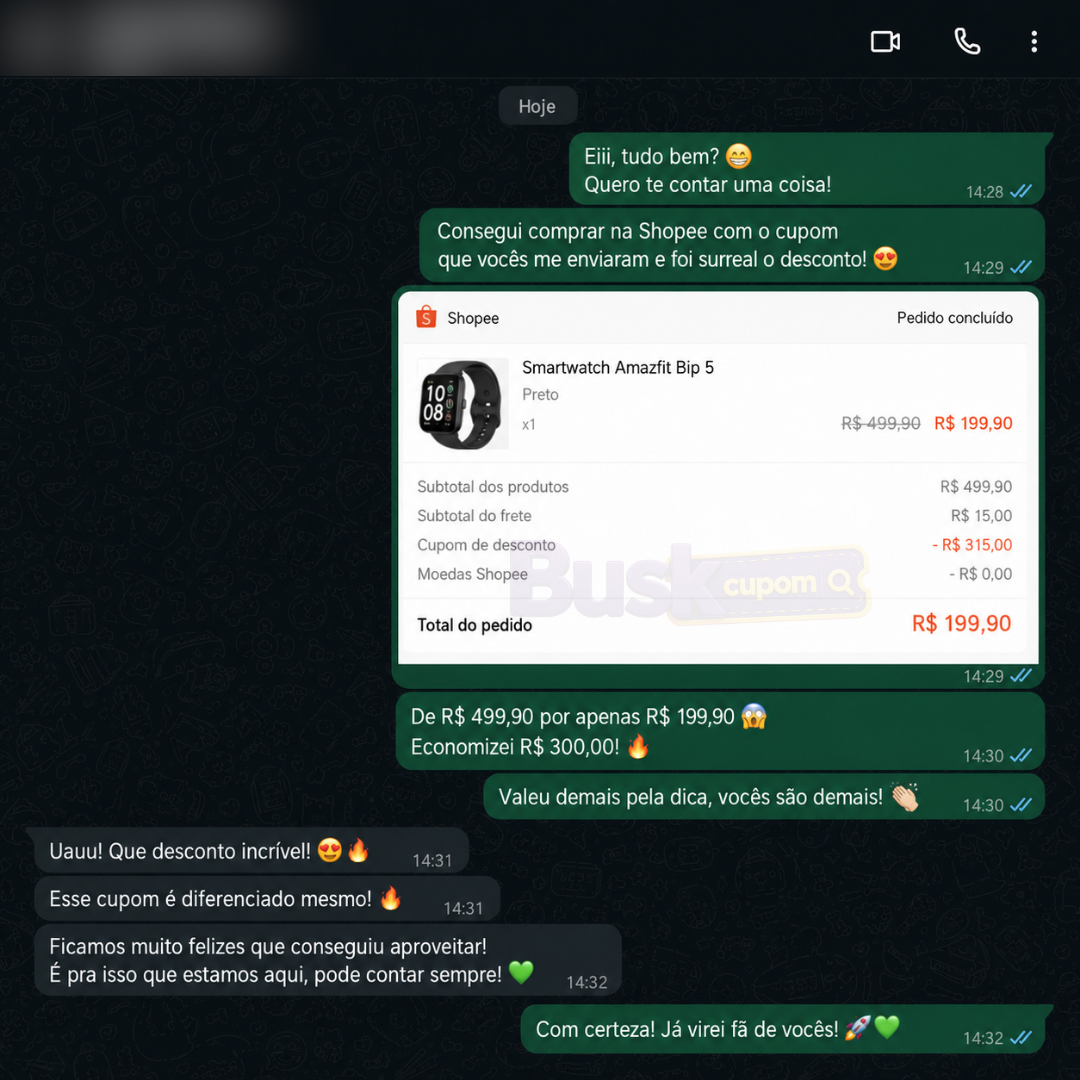 Conversa no WhatsApp de cliente que comprou Smartwatch Amazfit Bip 5 na Shopee por R$ 199,90 com cupom da Buskcupom