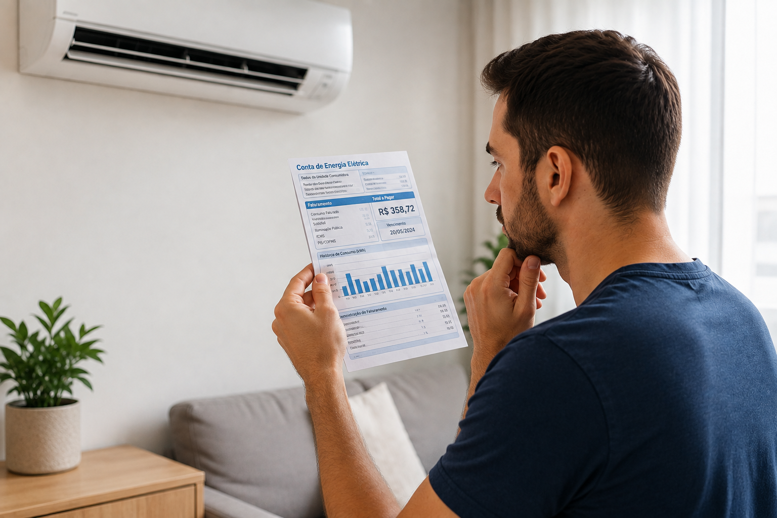 Pessoa avaliando etiqueta de eficiência energética de ar-condicionado antes de comprar