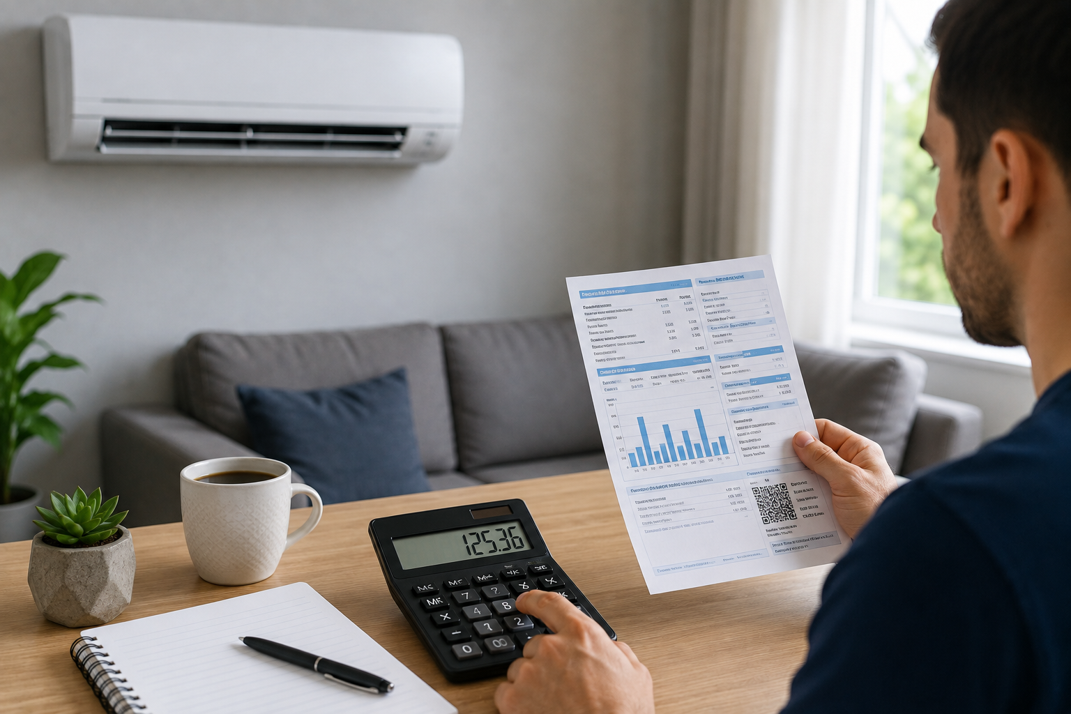 Ar-condicionado split ligado em quarto, ilustrando cálculo de consumo de energia